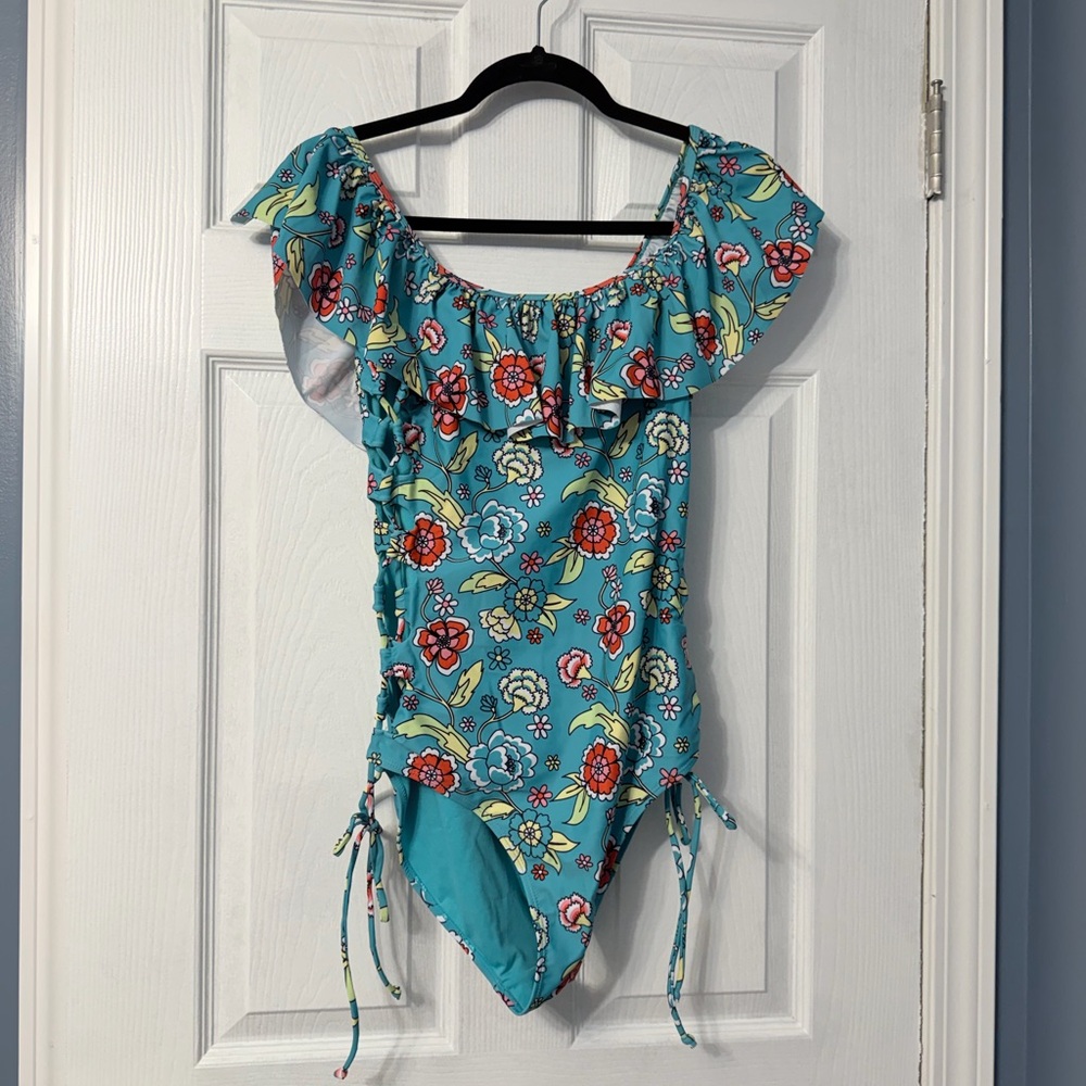 YMI off the shoulder blue green floral swimsuit with cutout sides size medium